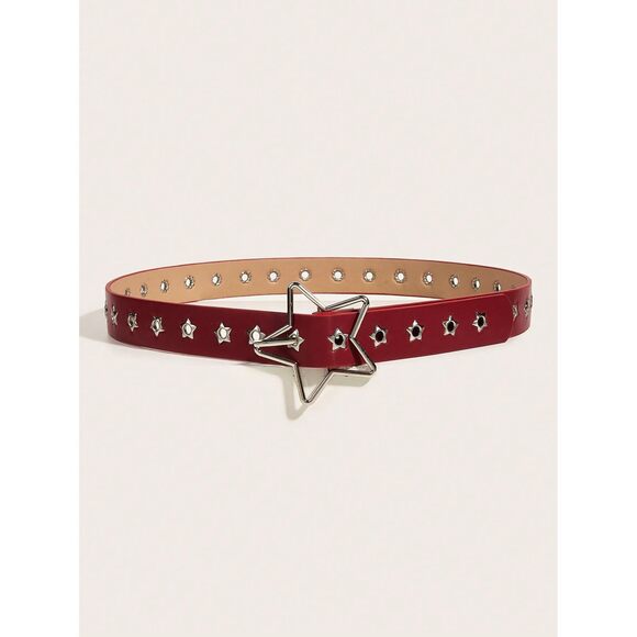 Women's Double Grommet Pu Leather Belt Punk Buckle Waist Belts Red 12 Months😺 - Picture 3 of 4
